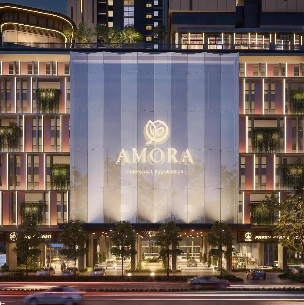 Amora architectural illustration showing the illuminated arrival facade