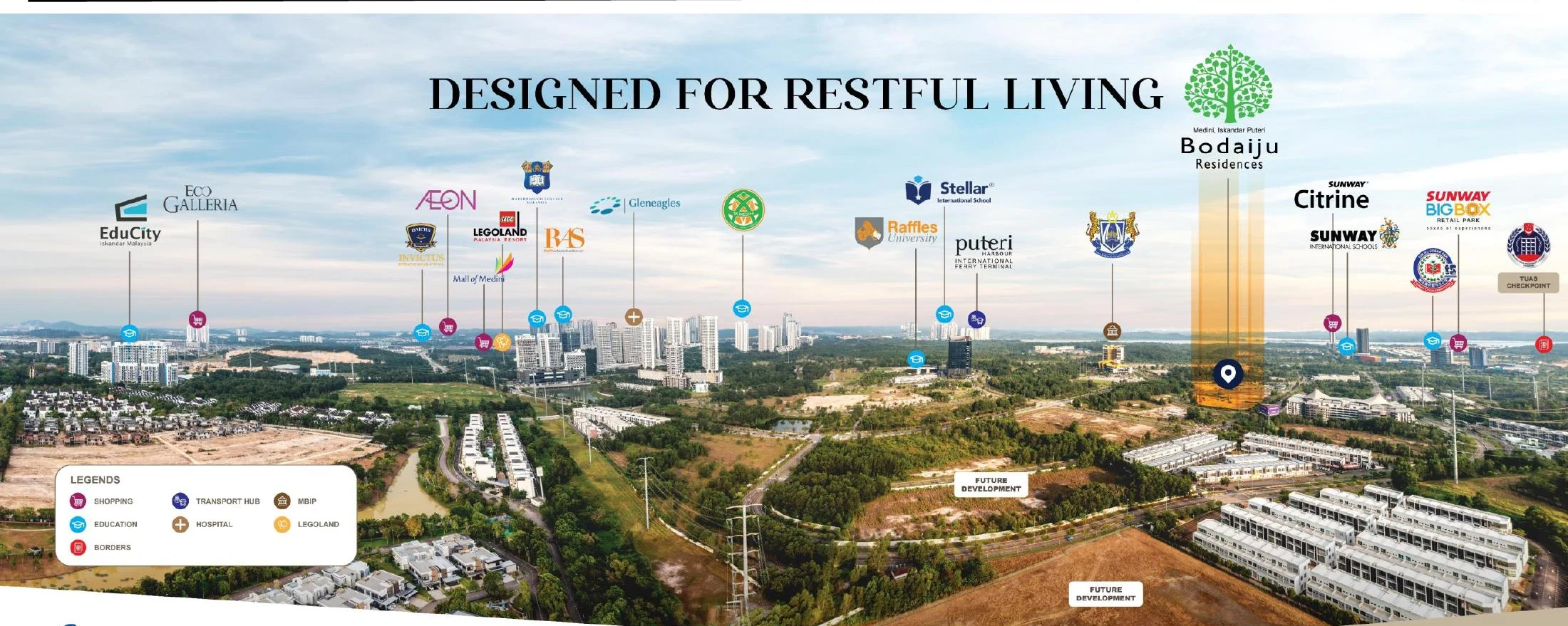 Sales kit location illustration showing Bodaiju within Medini and surrounding amenities